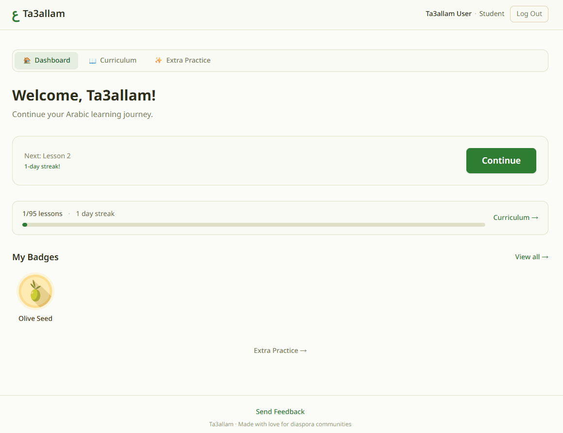 Student dashboard with badges and XP